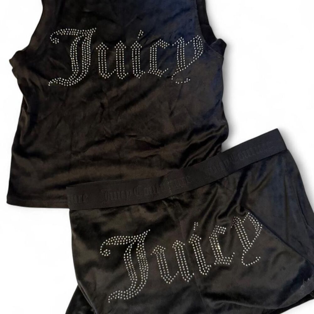Juicy Couture Black Velour Pajamas Spell Out Top S Shorts M Y2K Retro Bling